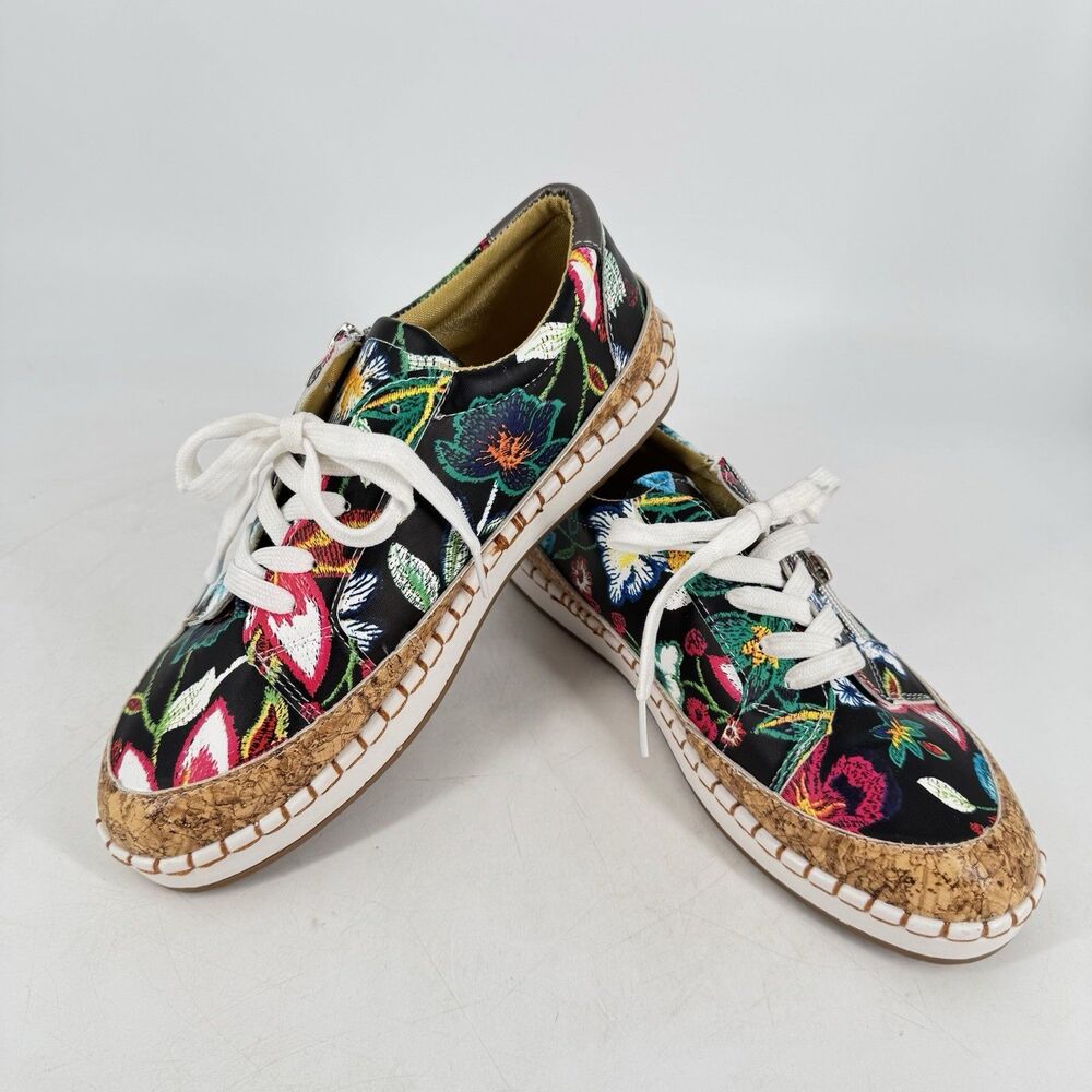 Women’s Floral Comfort Sneakers EU 41 US 10 Black Cork Look Lace Up Side Zip